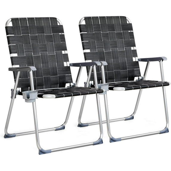 PurelyGoods Aluminum Oversize Patio Lawn Chairs Folding Set of 2 with Detachable Cup Holder, Webbed Beach Chair Folding Chair Outdoor Portable Camping Chair for Yard, Garden