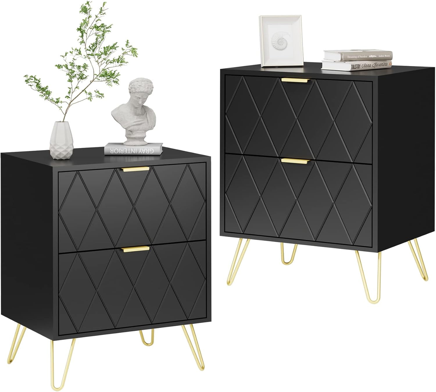 Black MDF Nightstand Set with Gold Legs and Handles