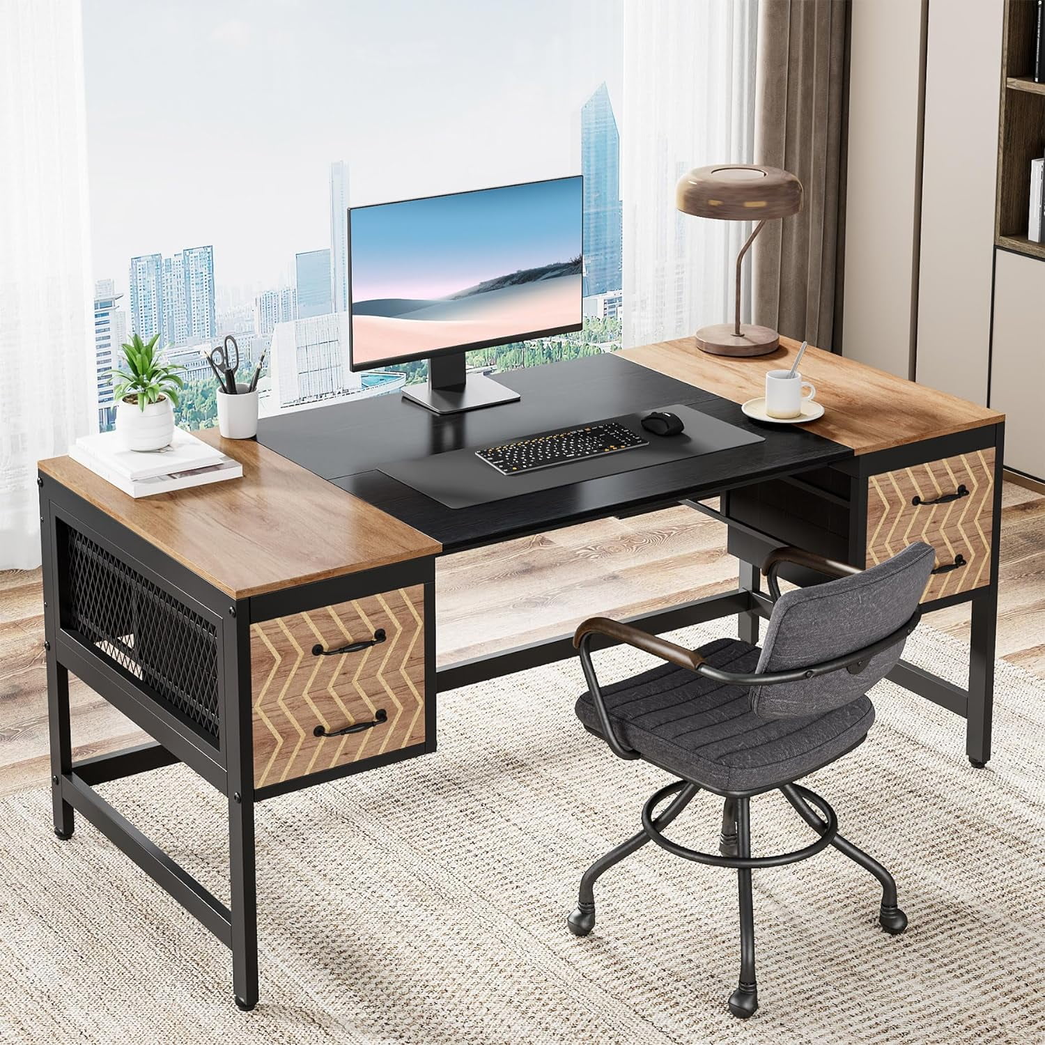 PurelyGoods  Computer Executive Desk with Drawers: 63" Computer Desk with 4 Storage Drawers, Wood Farmhouse Study Writing Table, Herringbone Business Furniture for Home Office
