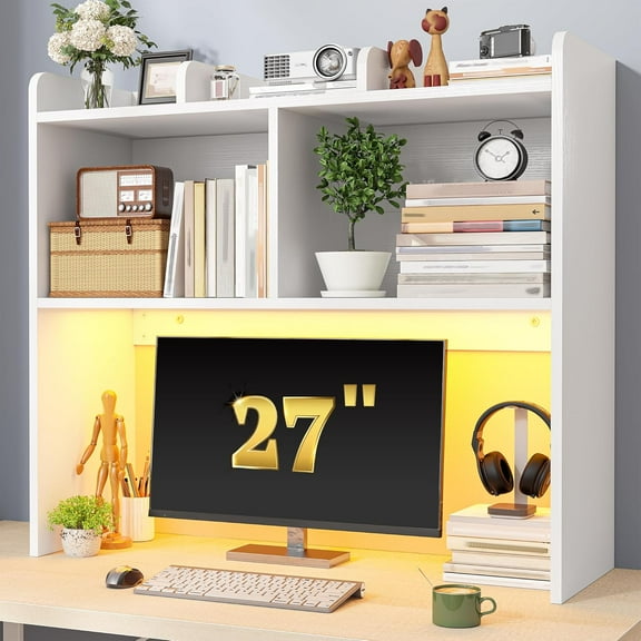 SONGMY  Desk Hutch Dorm for Computer Monitor Up to 27", Dorm Desk Hutch Top Only with RGB Light Strip, Wooden Desktop Bookshelf with 6 Shelves, 3-Tier Desktop Shelf for Home Office Dorm, White