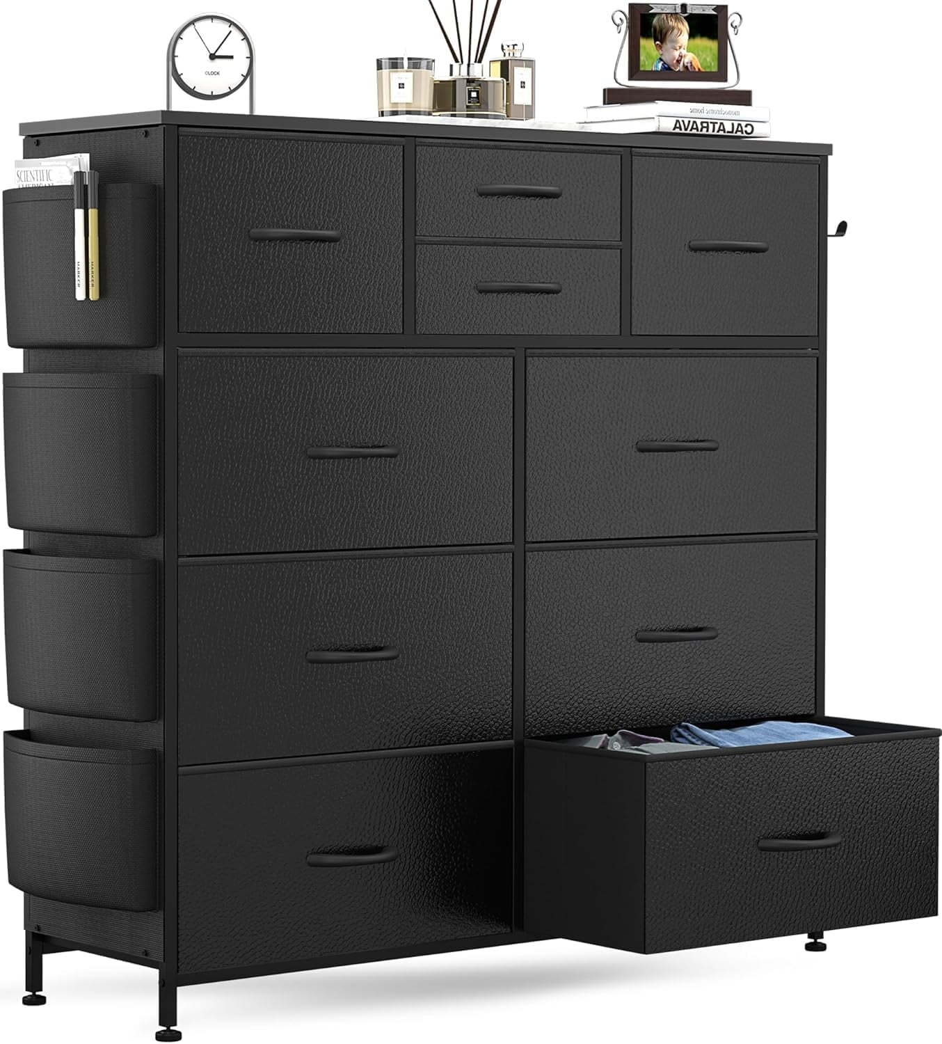 Black 10-Drawer Fabric Dresser with Wood Top and Steel Frame