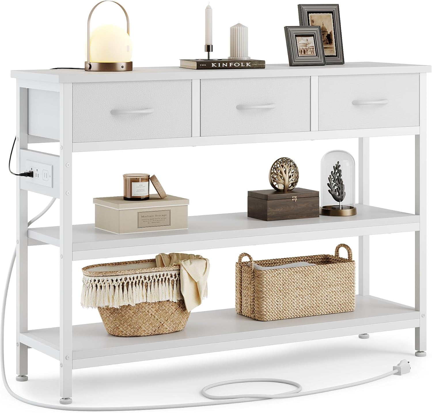 White 43" Console Table with Storage and Power Outlets