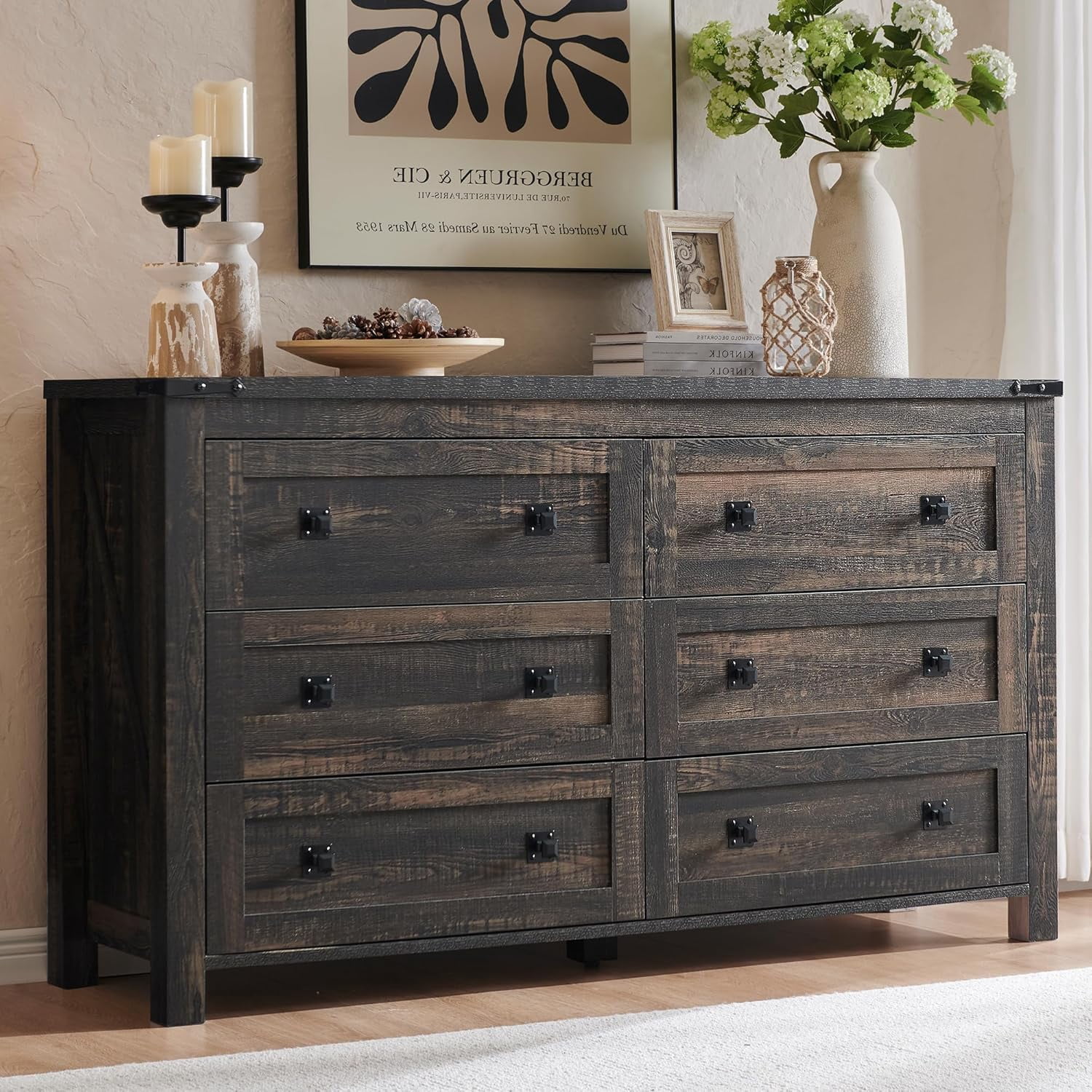 PurelyGoods Farmhouse 6 Drawers Dresser for Bedroom, Wood Rustic Wide ...