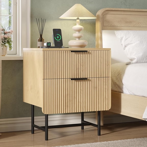 SONGMY Fluted Nightstand with Charging Station, 20" Modern Bedside Table with 2 Drawers for Bedroom, Mid Century Modern End Table with Storage for Living Room, Natural Oak (1 Piece)