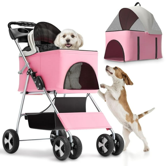 SONGMY Foldable Pet Stroller, 3-in-1 Dog Travel Jogger with Detachable Carrier, Cup Holder, Storage Basket, Folding Carrier for Small/Medium Dogs & Cats Up to 33 lbs, Pink