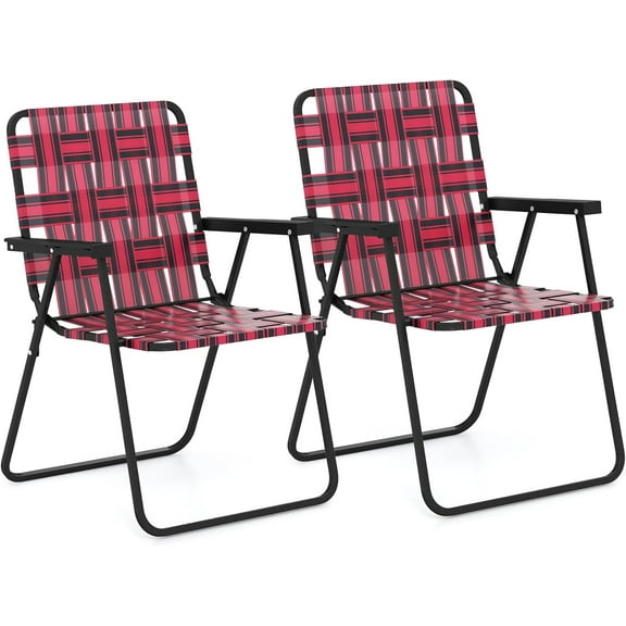 SONGMY Folding Chair, Patio Lawn Chair Set with Armrest, Indoor/Outdoor 2 Pack Webbed Lightweight Dinning Chair, Portable Beach Chair for Outside, Poolside, Backyard (Red, 2)