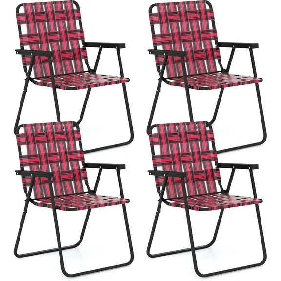 SONGMY Folding Chair, Patio Lawn Chair Set with Armrest, Indoor/Outdoor 4 Pack Webbed Lightweight Dinning Chair, Portable Beach Chair for Outside, Poolside, Backyard (Red, 4)