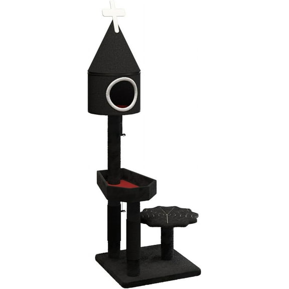 SONGMY Gothic Cat Tree with Coffin Bed, 49" Black Cat Tower for Indoor Cats, Cat Condo with Cross, Scratching Post, Halloween Cat Tree Tower for Kitty, Black & Red