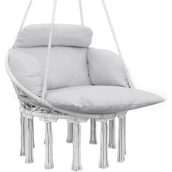 SONGMY Hammock Swing Chair, Outdoor Hanging Chair with Large Cushion, Cotton Rope Weaving Macrame Swing with Chain, 265 LBS Capacity for Indoor, Outdoor, Bedroom, Patio, Balcony, Gray