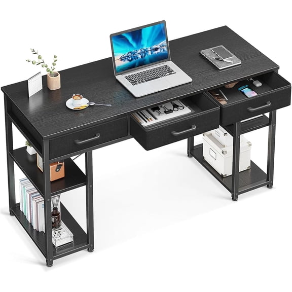 SONGMY Office Small Computer Desk: Home Table with Fabric Drawers & Storage Shelves, Modern Writing Desk, Black, 48"x16"