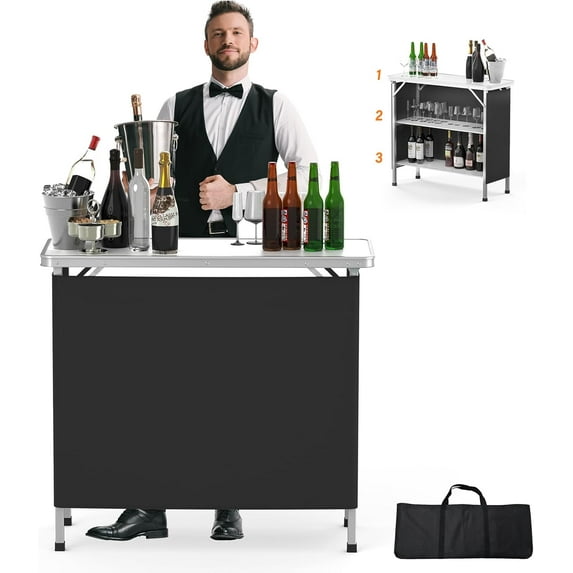 PurelyGoods Portable Bar Table, 3-Tier Shelves, Mobile Bar Table for Events, Party, Camping, Picnic, Tradeshow, Indoor with Black Skirt, 39 "L x 34" H