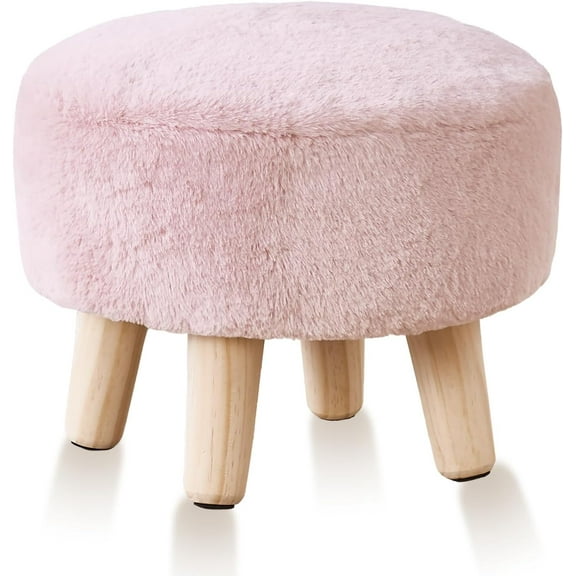 SONGMY Round Footstool Ottoman Rabbit Wool Mushroom Stool Solid Wood Stool Small Upholstered Ottoman Shoe Changing Foot Stool Step Stool Sofa Footrest Stool for Living Room Bedroom (Pink)