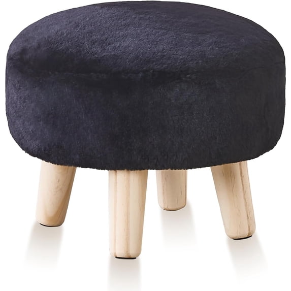 SONGMY Round Footstool Ottoman Rabbit Wool Mushroom Stool Solid Wood Stool Small Upholstered Ottoman Shoe Changing Foot Stool Step Stool Sofa Footrest Stool for Living Room Bedroom (Black)