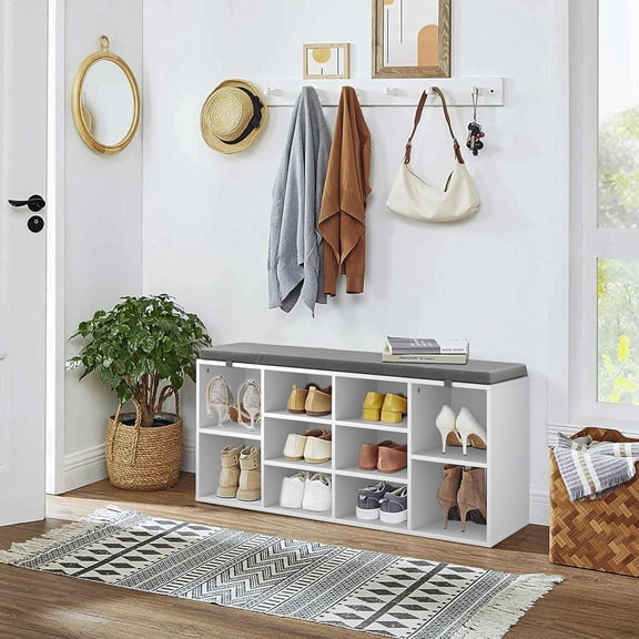 SONGMY Shoe Storage Bench, Shoe Bench with Removable Cushion, Storage Entryway Bench with 10 Cubbies, Space Saving Shoe Rack with Bench, 41 x 12 x 16.75 Inches, White Shoe Bench, NU-BJ011-WH