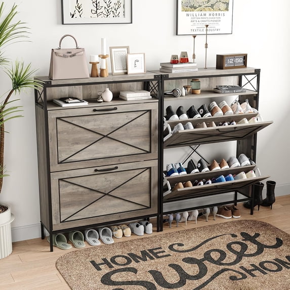 SONGMY Shoe Storage Cabinet with 2 Flip Drawers, Metal Legs, Adjustable Shelves, Entryway Hidden Shoe Storage, Organizer for Entryway (Grey)