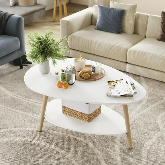 SONGMY Small Oval Coffee Table with Open Storage Shelf, Boho Mid Century Modern for Living Room Center & Home Office, Minimalist Display Wood Coffe Table, White