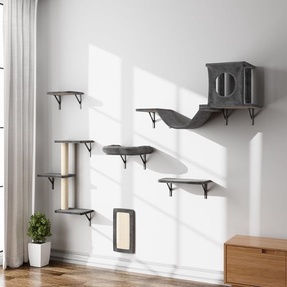 SONGMY Wall Mounted Cat Climber Set, 6 Pcs Cat Furniture Set with House, Tunnel, Bridge, Steps, Scratcher Board and Hammock, Shelves for Indoor, Luxury Walls Set(Dark Gray)