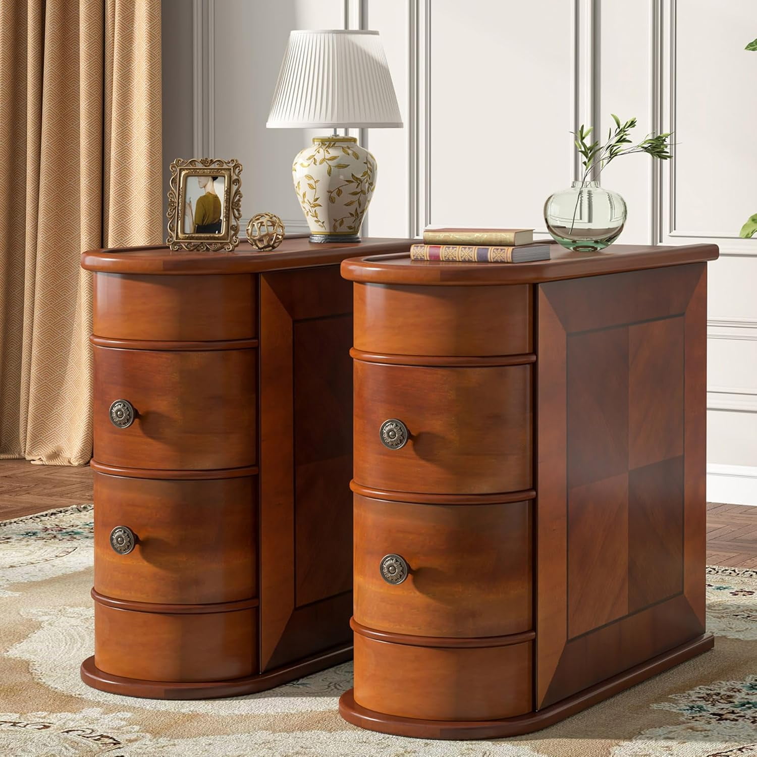 PurelyGoods Wood End Table Set of 2, Narrow Solid Side Table 2-Drawer ...