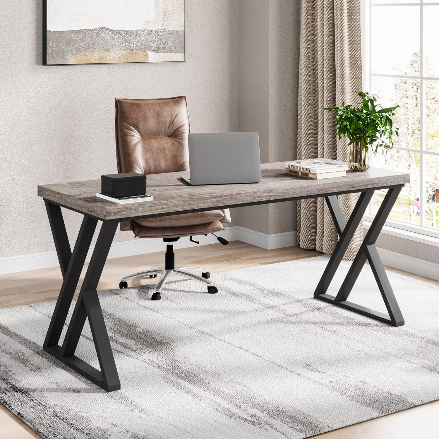 Gray 55" Adjustable Height Wood Writing Desk with Z-Shaped Metal Legs