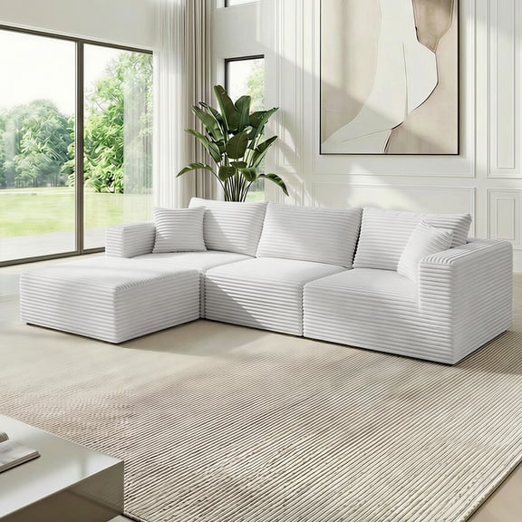 PUREMIND 117"W L Shaped Modular Sectional Sofa, Corduroy Cloud Couch, Sectional Couch with Deep Seat for Living Room/Apartment, Beige