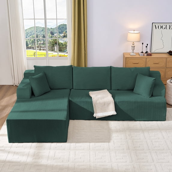 Puremind 106" L-Shaped Sectional Sofa with Left Facing Chaise, Corduroy Comfy Cloud Couch, Sectional Couch with Deep Seat for Living Room/Apartment, Green