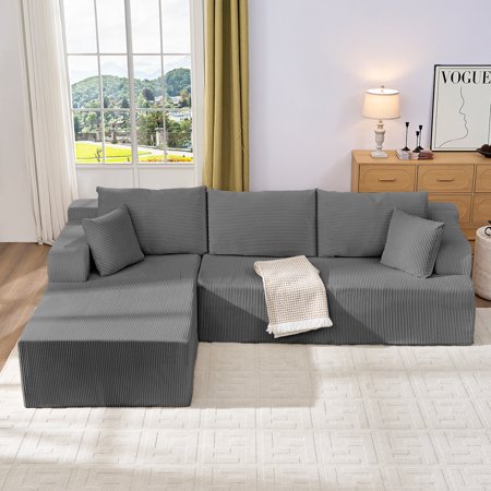 Puremind 106" L-Shaped Sectional Sofa with Left Facing Chaise, Corduroy Comfy Cloud Couch, Sectional Couch with Deep Seat for Living Room/Apartment, Dark Gray