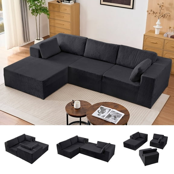 Puremind 109” L Shaped Sectional Sofa, Modular Sectional Couches with Chaise, Corduroy Cloud Couch for Living Room/Apartment/Small Space, Dark Gray
