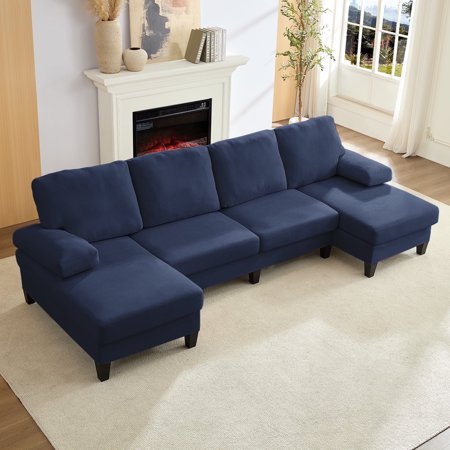 Puremind 110" U Shaped Sofa, Upholstered Sectional Couch with Double Chaises, Modern 4 Seat Sofas and Couches for Living room/Apartment, Blue