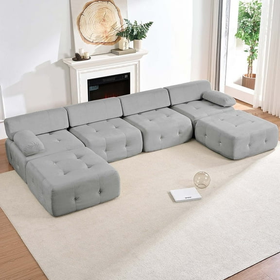 Puremind 134" Oversized Modular Sectional Sofa, 6 Seater U/L Shaped Sofa Floor Couch, Convertible Sofa Bed for Living Room/Apartment, No Assembly Required, Light Gray