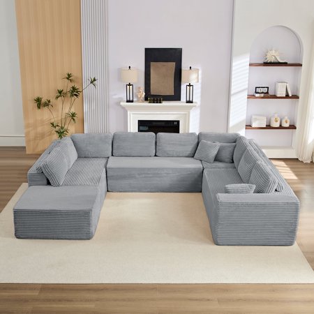 Puremind 144" Oversized U Shaped Modular Sectional Sofa for Living Room, Modern Corner Sofa, Convertible Sleeper Sofa Couch, No Assembly Required, Light Gray