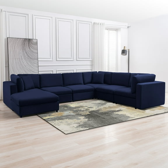 Puremind 144" Oversized U Shaped Sectional Sofa, 7 Seat Modular Couch, Modern Corner Sofa, Convertible Sleeper Sofa Couch Bed for Living Room, Blue