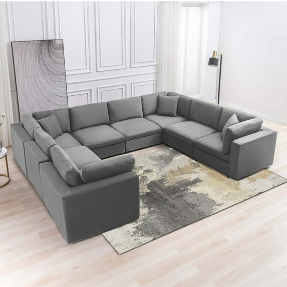 Puremind 144" Oversized U Shaped Sectional Sofa, 8 Seat Modular Couches for Living Room, Modern Corner Sofa, Convertible Sleeper Sofa Couch Bed, Light Gray, Style 3