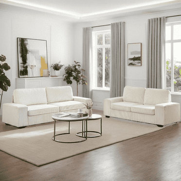 Puremind 2 Piece Corduroy Sofa and Loveseat Set, 85" Sofa +72" Loveseat, Modern Living Room Furniture Set for Apartment/Home, Beige