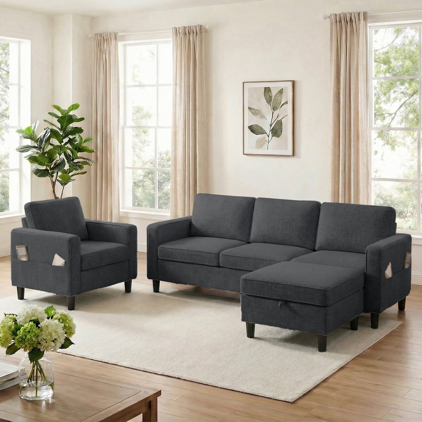 Puremind 2 Piece Sofa with Storage Ottoman, Modern Linen Fabric Sofa and Armchair Set for Living Room/Apartment/Small Space, Dark Gray