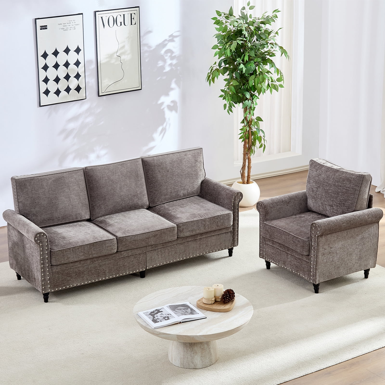 Puremind 2 Piece Living Room Sofa Set, Sofa and Armchair Sets, Chenille ...