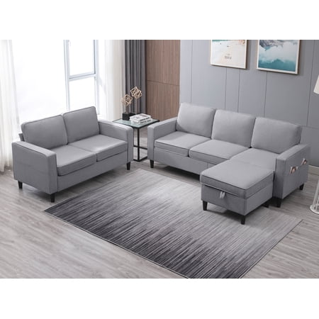 Puremind 2 Piece Sofa Set for Living Room, Modern Linen Fabric Sofa and Loveseat Set, L Shape Sectional Sofa Set, 2 Piece Couch Set for Apartment/Small Space, Light Gray