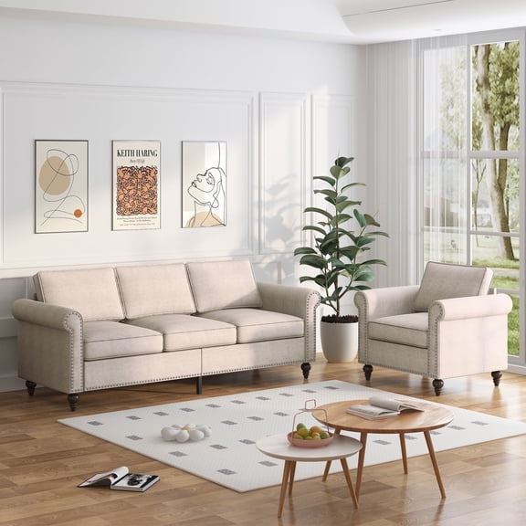 Puremind 2 Piece Sofa Set for Living Room, Include Sofa and Armchair, Living Room Furniture Sets, Beige