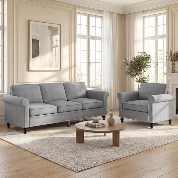 Puremind 2 Piece Sofa Set for Living Room, Linen Sectional Sofa and Armchair Furniture Sets for Apartment/Small Spaces, Light Gray