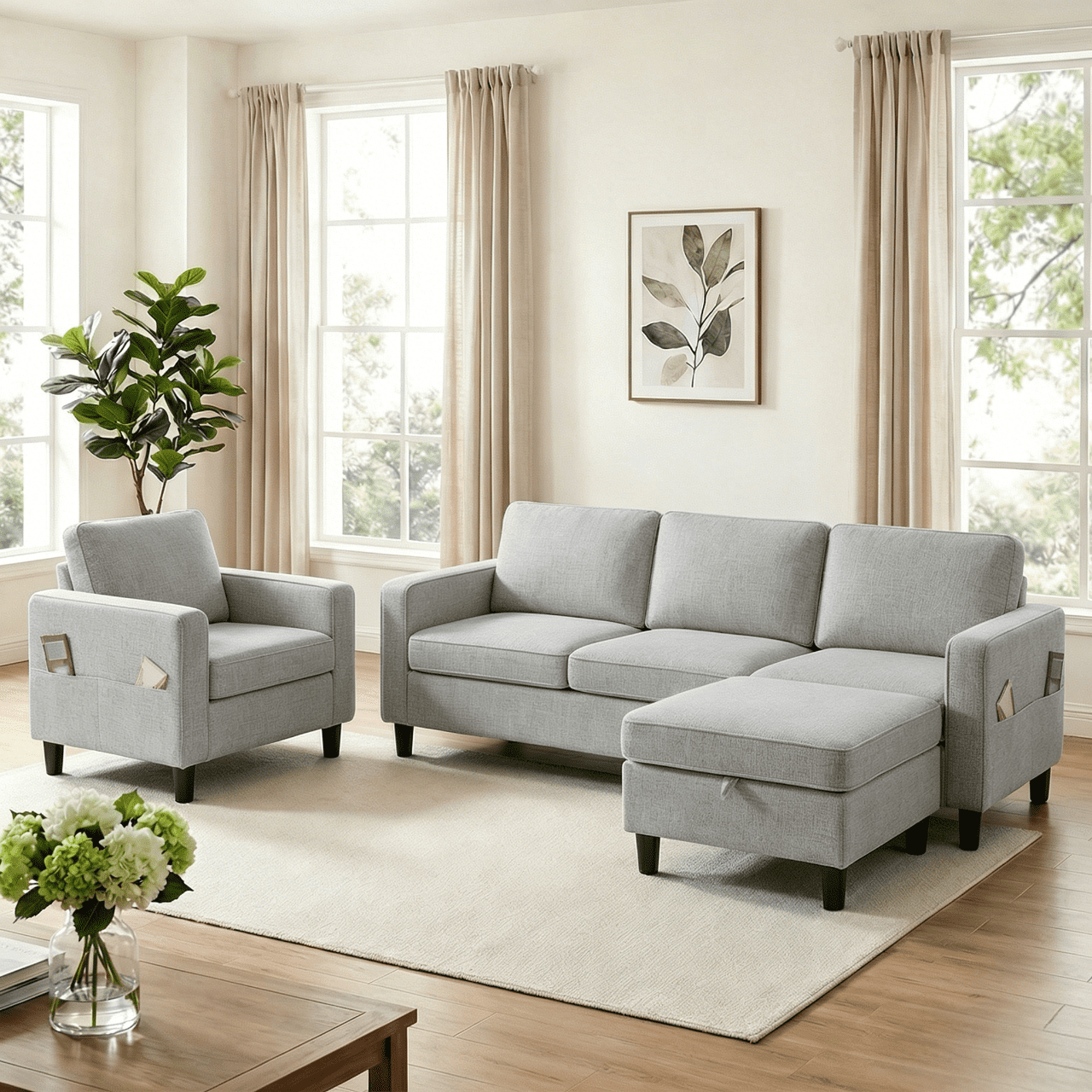 Puremind 2 Piece Sofa with Storage Ottoman, Modern Linen Fabric Sofa ...