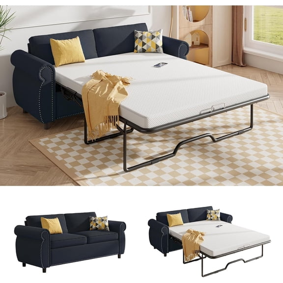 Puremind Full Size Pull Out Sofa Bed, Convertible 2-in-1 Sleeper Sofa Bed with Memory Foam Mattress, Upholstered Pull out Couch Bed, Loveseat Sleeper Sofa for Living Room/Apartment, Dark Gray