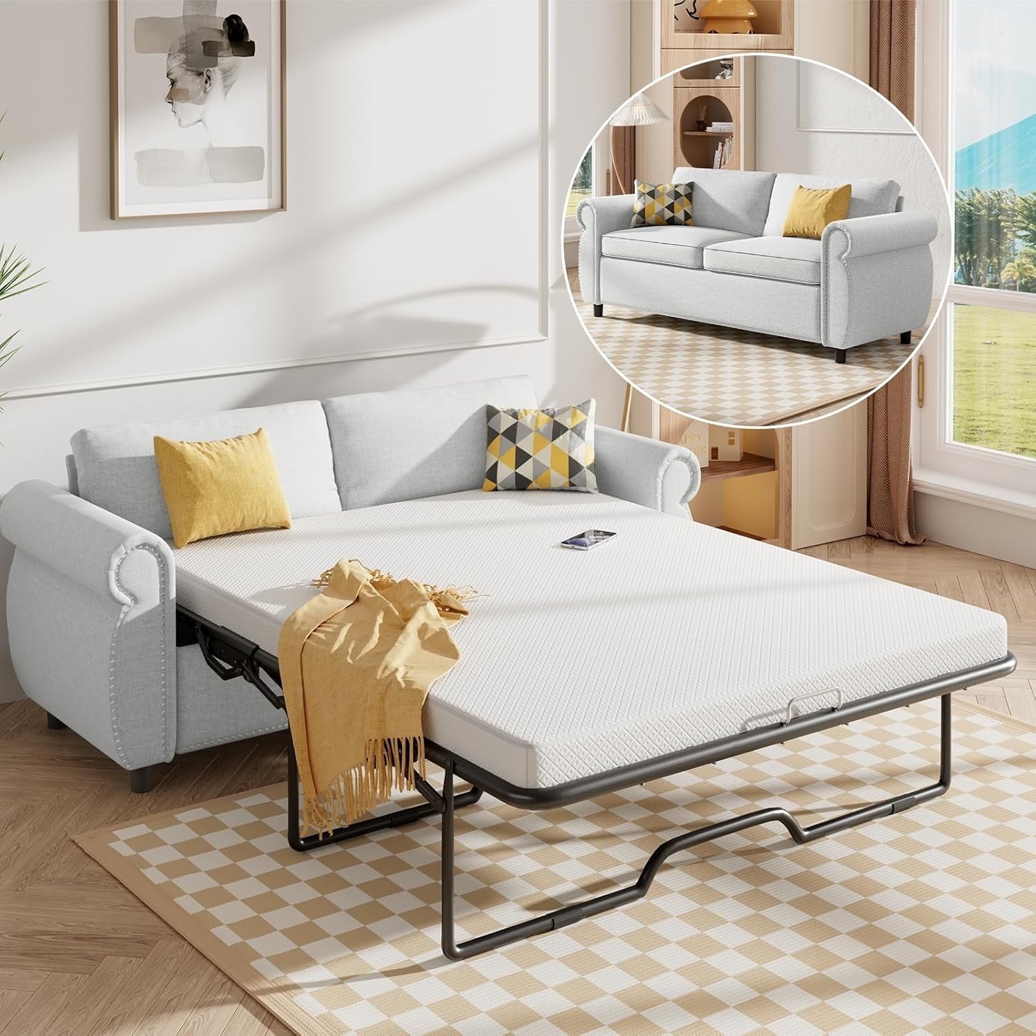 Puremind Queen Size 2 in 1 Pull Out Sofa Bed Convertible Sleeper Sofa Bed Daybed with Foldable Mattress for Living Room Home Office Study Beige