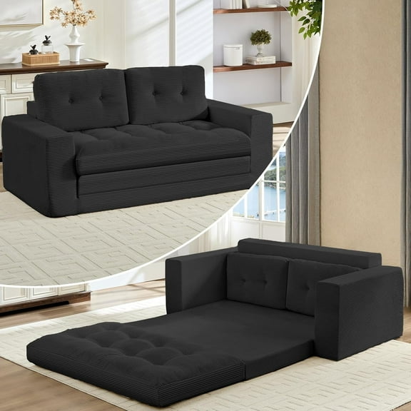 Puremind 2 in 1 Pull Out Sofa Bed, Convertible Loveseat Sleeper Sofa, Corduroy Floor Couch for Living Room/Apartment, No Assembly Required, Black