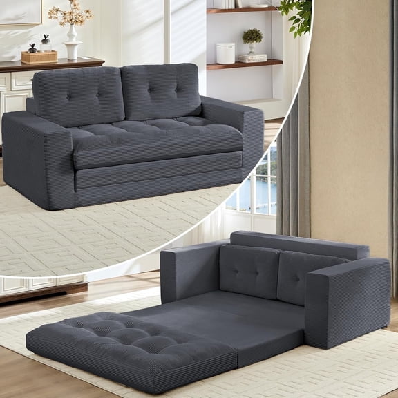 Puremind 2 in 1 Pull Out Sofa Bed, Convertible Loveseat Sleeper Sofa, Corduroy Floor Couch for Living Room/Apartment, No Assembly Required, Gray