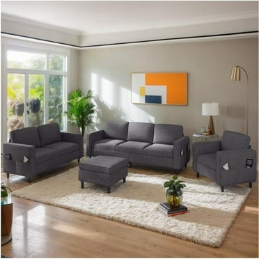 Puremind 3 Piece Sofa Set, Living Room Furniture Sets, Linen Sectional Couch Sets with Storage Ottoman and Side Pockets, Sofa, Loveseat and Armchair Set, Dark Gray
