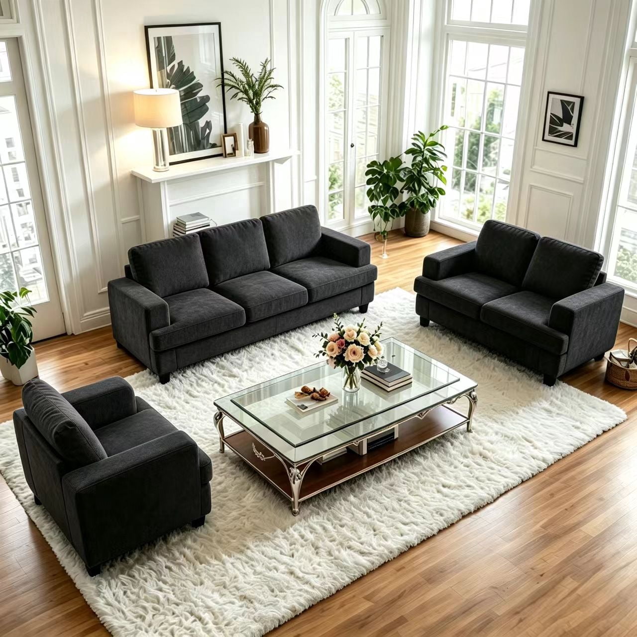 Puremind 3 Piece Living Room Furniture Sets, Modern Chenille Sofa Set for Living Room/Small Spaces, Sofa, Loveseat and Armchair, Dark Gray