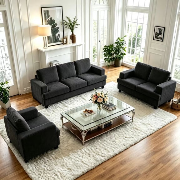 Puremind 3 Piece Living Room Furniture Sets, Sofa and Loveseat Set with Armchair, Chenille Couches and Sofas for Apartment/Small Spaces, Dark Gray