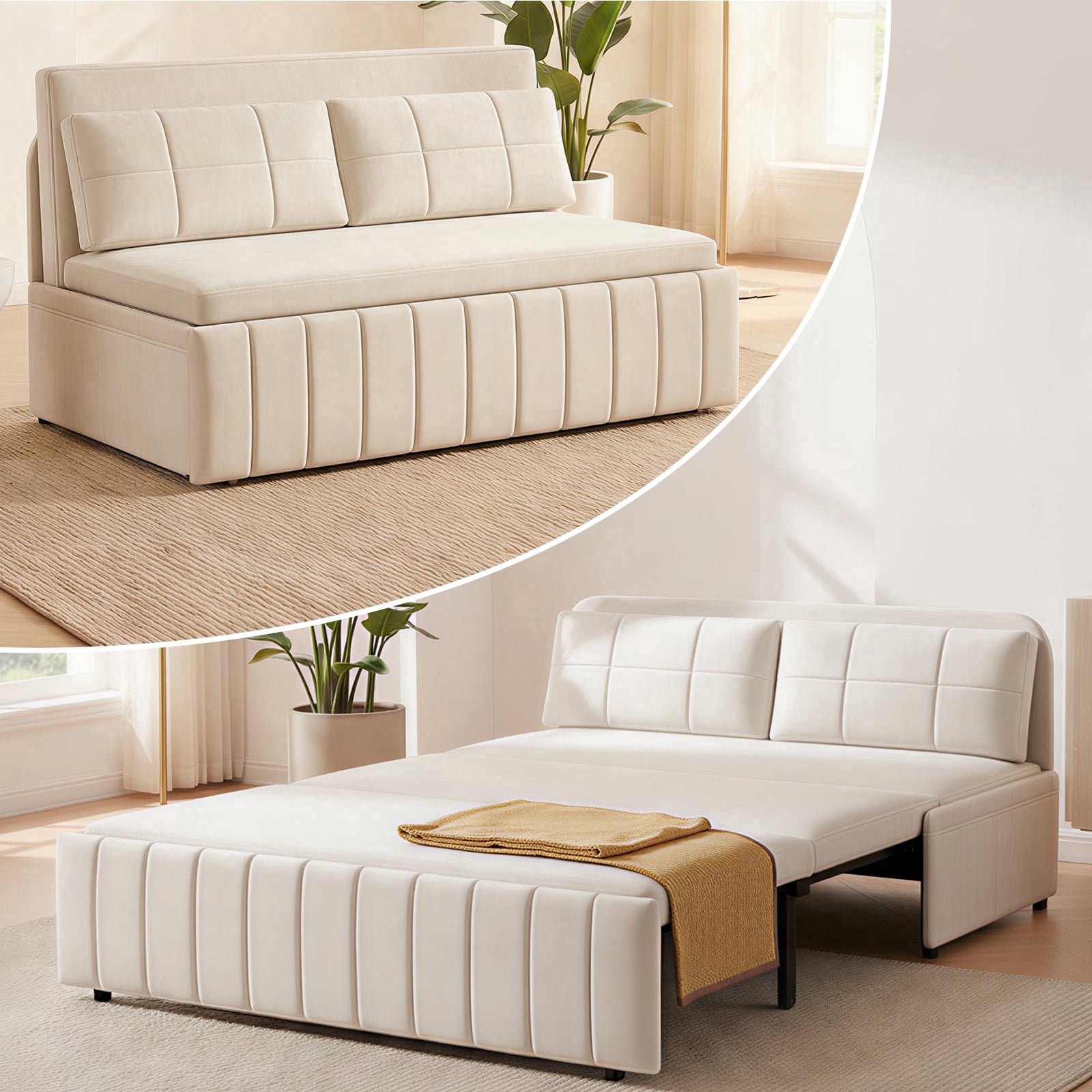 Puremind Queen Size Pull Out Sofa Bed, Convertible Sleeper Sofa with Pull Out Bed, Loveseat Couch Bed with Pillows for Living Room/Apartment, Beige