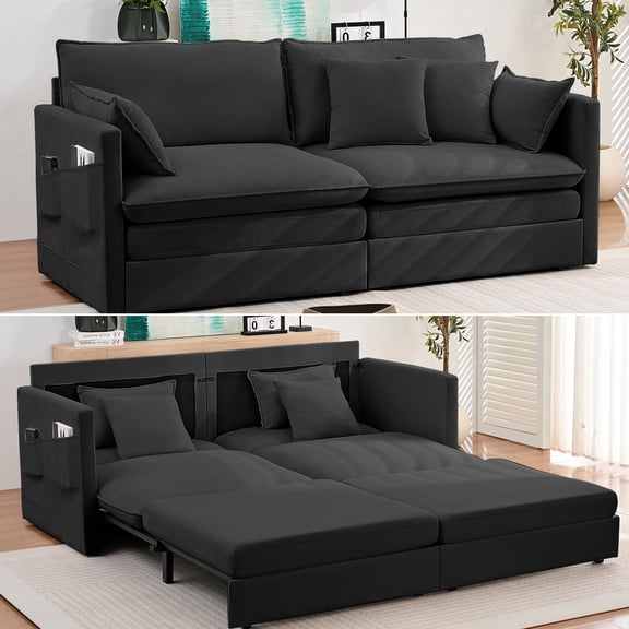 Puremind 78"W 3 in 1 Pull Out Sofa Bed, Queen Sleeper Couch with Side Pockets, Sofa with Pull Out Bed for Living Room/Apartment/Small Spaces, Black