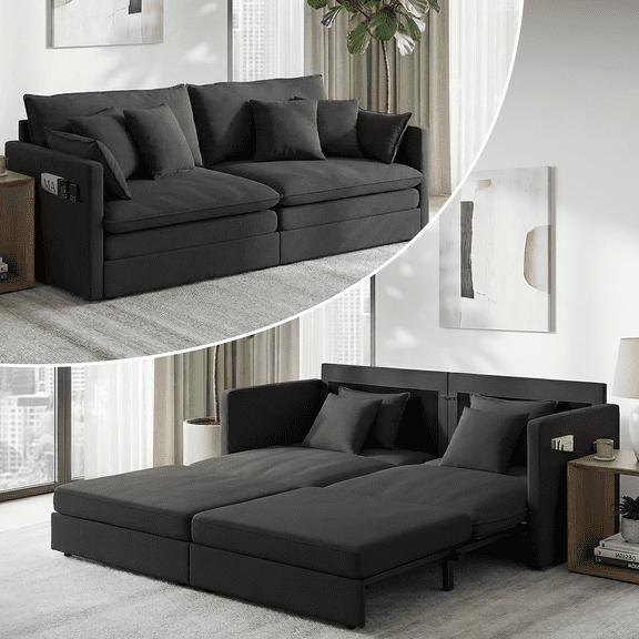 Puremind 78"W 3 in 1 Pull Out Sofa Bed, Queen Sleeper Couch with Side Pockets, Sofa with Pull Out Bed for Living Room/Apartment/Small Spaces, Black