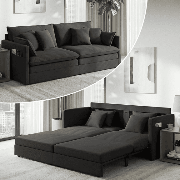 Puremind 78"W 3 in 1 Pull Out Sofa Bed, Queen Sleeper Couch with Side Pockets, Sofa with Pull Out Bed for Living Room/Apartment/Small Spaces, Black